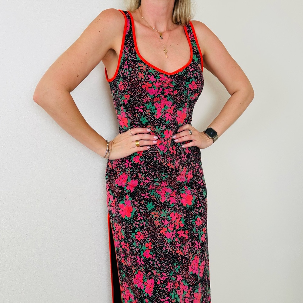 Free People Maxi Dress Boho with Pink Dark Floral Detail Side slits - Picture 5 of 14